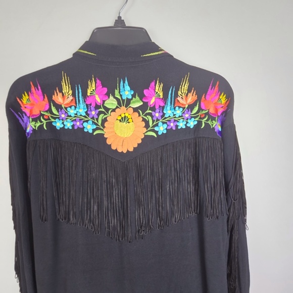ASOS Women's Size 6 Black Western Floral Embroidered & Fringe Button Shirt - Picture 6 of 13